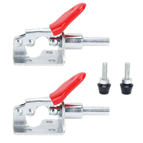 Hardcore Toggle Clamp With 400 Lb Holding Capacity And Quick Release Lever For Woodworking Or Metalworking Jigs And DIY Projects, showing red handle and metal construction.