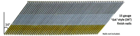 Angled view of 15 gauge DA style finish nails, compatible with Pro Grade 15 Gauge Angled Finish Nailer With Tool Free Depth Adjustment No Mar Tip.