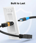 Premium 4K HDMI Wall Plate Two Pack One Port Socket Plug And Play For Home Theater And Gaming With High Speed Video Transmission And 18 Gbps Bandwidth For Rock Solid Audio Pass Through In Classic White with HDMI cable connected.
