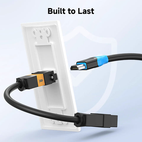 Premium 4K HDMI Wall Plate Two Pack One Port Socket Plug And Play For Home Theater And Gaming With High Speed Video Transmission And 18 Gbps Bandwidth For Rock Solid Audio Pass Through In Classic White with HDMI cable connected.