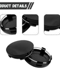 Crisp Black 4 Pack Wheel Hub Center Caps With Snug Snap Fit Tough Abs Shell, showing detail of snap-fit design and finish.