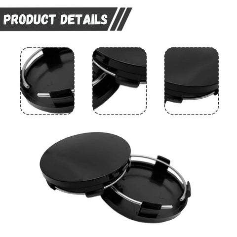 Crisp Black 4 Pack Wheel Hub Center Caps With Snug Snap Fit Tough Abs Shell, showing detail of snap-fit design and finish.