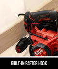 Built-in rafter hook on Badass 20V Brushless Cordless Circular Saw Kit With A Full 7 1/4 Inch Blade Spinning Smooth At 5300 RPM.