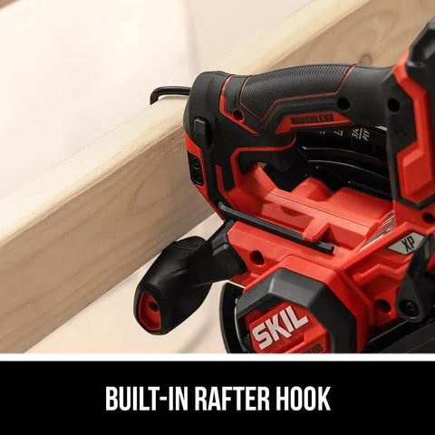 Built-in rafter hook on Badass 20V Brushless Cordless Circular Saw Kit With A Full 7 1/4 Inch Blade Spinning Smooth At 5300 RPM.