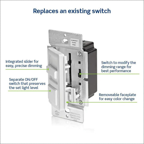 IllumaTech Dimmer Switch for Dimmable LED, Halogen and Incandescent Bulbs IPL06-10Z with slider and ON/OFF switch