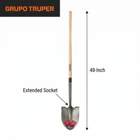 Pro Grade Round Point Shovel With Extended Socket For Maximum Strength And Durability 48 Inch Wood Handle Heavy Duty Digging