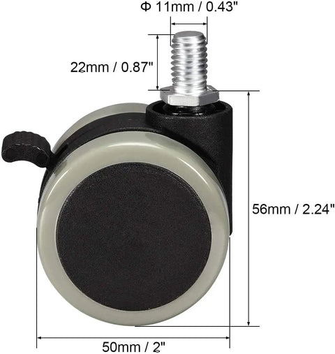 Heavy Duty 2 Inch Pu Swivel Caster Wheels With Secure Parking Brake 5 Pack showing dimensions and details on a black caster.
