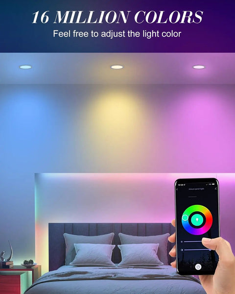 Smart Recessed Lighting 4 Pack Ultra Thin 4 Inch RGB LED Downlights 9W 900 Lumen Color Changing Can Lights That Play Nice With Alexa And Google Assistant Voice Control And Tuya App in a bedroom with phone app control