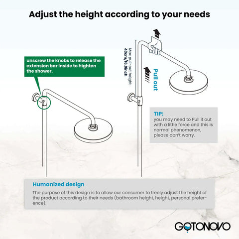 Diagram adjusting height of Polished Gold Exposed Shower Faucet System with 8 Inch Rainfall Shower Head and Handheld Spray Wall Mount
