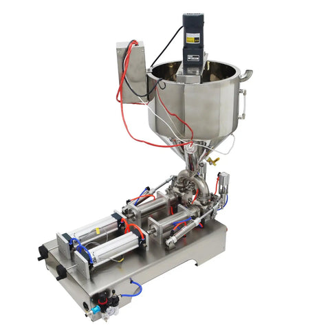 Heavy Duty Double Head Piston Liquid Filling Machine With Heating Stirrer And Mixer For Thick Pastes Cream Oil Chili Sauce Crushing 50 To 500 Ml Batches 110V Built Different Gear stainless steel construction with mechanized filling components