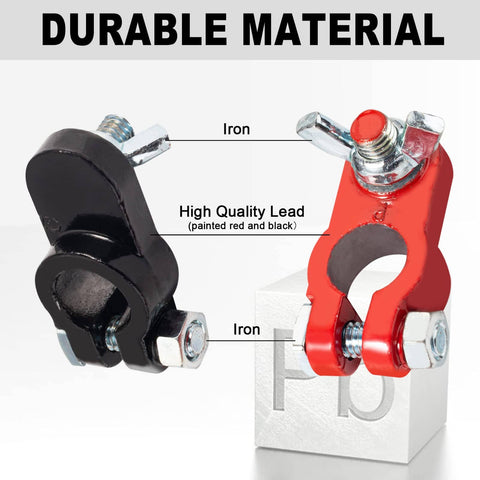 Color Coded Battery Terminal Clamps With Quick Release Connectors And Anti Corrosion Felt Washers For RVs Cars Trucks Boats Caravans Durable Lead Construction For Strong Conductivity And Voltage Drop Includes Nuts And Screws For Easy Mounting 1 Pair showing durable lead material with iron components