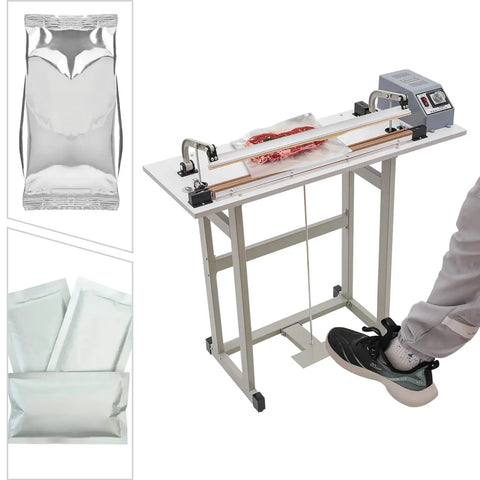 Solid Workhorse Foot Pedal Heat Sealing Machine 110V 850W Portable Dual Action Impulse Bag Sealer cutting shrink film in use.