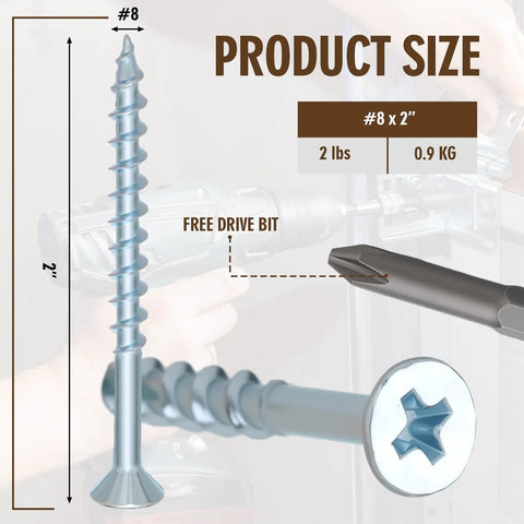 #8 by 2 inch Tough As Nails Flat Head Zinc Coated Steel Screws for Particle Board and Cabinet Hinges with included driver bit.