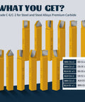 Image showing 20-Piece Three Eighths Inch Carbide Tip Lathe Cutter Set with labeled C6 and C2 machining bits.