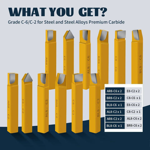 Image showing 20-Piece Three Eighths Inch Carbide Tip Lathe Cutter Set with labeled C6 and C2 machining bits.