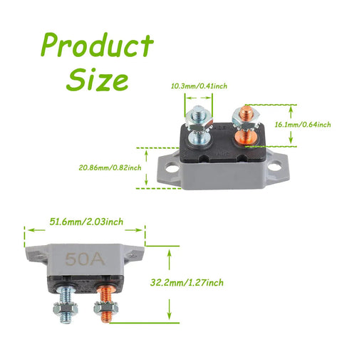 Built Tough 50A Automatic Reset Circuit Breaker Set For Cars Trucks And Battery Chargers With Secure Cover dimensions and mounting details.