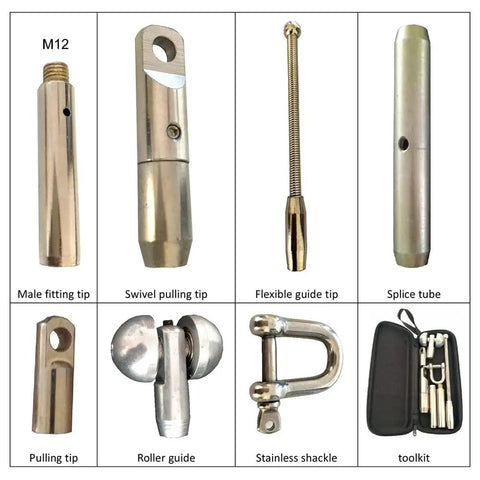 Various components and toolkit for Pro Grade 8MM 150M Fiberglass Duct Rodder For Cable And Wire Pulling Conduit Fish Tape