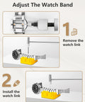 Image showing step-by-step instructions for adjusting watch bands with Complete Watch Repair Kit With Link Removal Tool And Case Opener For Battery Replacement And Strap Adjustment, Spring Bar Tool, Manual Included, DIY Friendly Pro Grade Set.