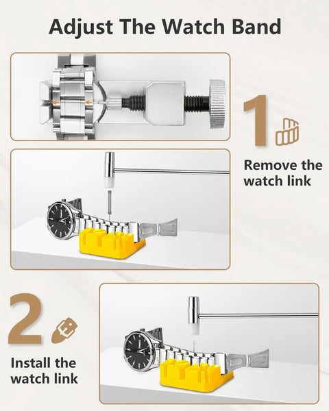 Image showing step-by-step instructions for adjusting watch bands with Complete Watch Repair Kit With Link Removal Tool And Case Opener For Battery Replacement And Strap Adjustment, Spring Bar Tool, Manual Included, DIY Friendly Pro Grade Set.