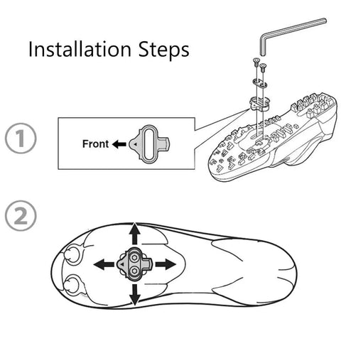 Installation steps for Ride Ready Adjustable Stainless Steel Cleat Plates With Secure Fit Locking System for cycling shoes.