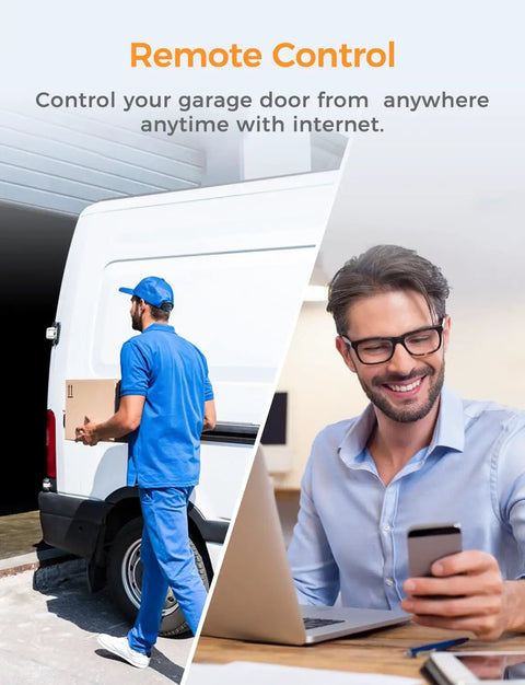 Smart WiFi Garage Door Opener With App Control And Voice Compatibility For Alexa And Google Home No Hub Needed Open Close Check Status From Anywhere Today with delivery person and man smiling at phone.
