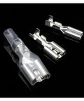 Solid Assortment Kit For 120 Pieces Insulated Male Female Wire Connectors With Crimp Terminals In 2 Point 8 4 Point 8 And 6 Point 3 Millimeter Sizes Perfect Spade Electrical Adapters For Any Hissy Fit Repair Job Right Now. insulated metal wire terminals on black background