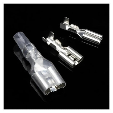 Solid Assortment Kit For 120 Pieces Insulated Male Female Wire Connectors With Crimp Terminals In 2 Point 8 4 Point 8 And 6 Point 3 Millimeter Sizes Perfect Spade Electrical Adapters For Any Hissy Fit Repair Job Right Now. insulated metal wire terminals on black background