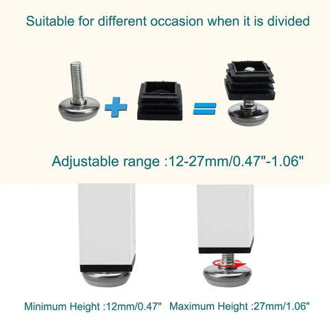 Squash That Floor Wobble Fast With Premium Adjustable Leveling Feet Sized For Square Tubing Furniture Glides showing adjustable height range 0.47 to 1.06 inches.