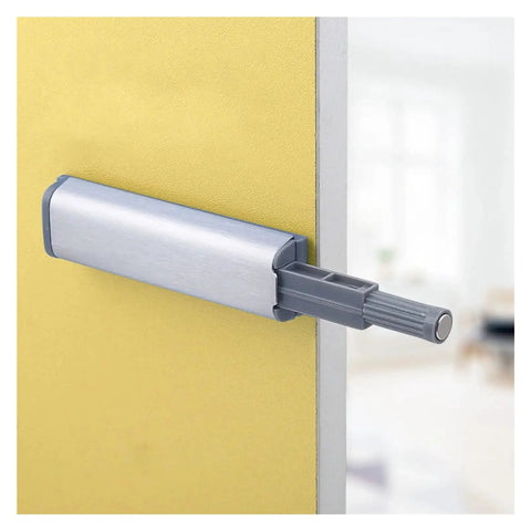Magnetic Push Cabinet Latch Set for Self Closing Doors with Stainless Steel Bumpers on yellow cabinet door