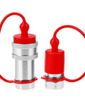 Set of 2 hydraulic quick-connect couplers, red and silver with dust caps; 3/8" NPT/ISO body, hardened steel
