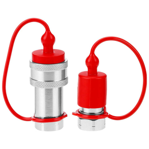 Set of 2 hydraulic quick-connect couplers, red and silver with dust caps; 3/8" NPT/ISO body, hardened steel