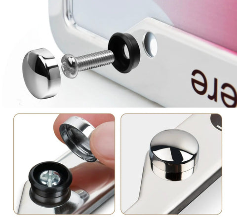 Close-up of screws for Custom Aluminum License Plate Frame For Front Or Rear, Rust Proof Car Plate Holder In Black.