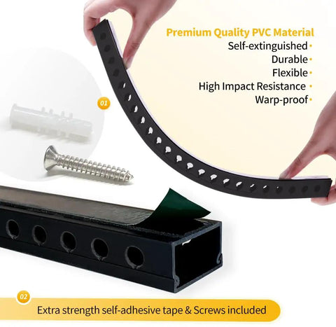 Close-up of black PVC open slot cable raceway showing flexibility and durability with snap structure, screw, and adhesive tape.