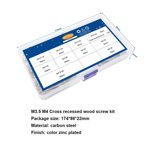 Flat Head Self Tapping Wood Screws Kit Zinc Plated M3.5 M4 251 Pieces in clear box with size chart and labeling