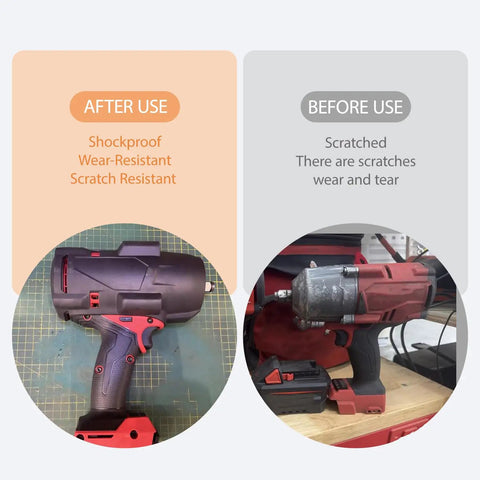 Comparison of Milwaukee M18 Fuel Half Inch Impact Wrench Rubber Protective Boot Cover showing before and after use