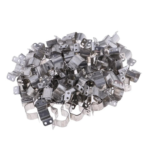N20 micro motor mounting brackets, zinc-plated metal set for toy car builds.