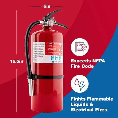 Front view of PRO10 Rechargeable Commercial Fire Extinguisher Heavy Duty Metal Valve And Head For Offices And Businesses UL Rated 4A 60B C Red 1 Pack Durable All Metal Construction Wall Mount Ready For Immediate Use