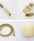 Top Shelf 10 Inch Wall Mounted Rain Shower System With Brushed Gold Drip Solid Brass Multifunction Faucet Set Including Handheld Sprayer And Tub Spout For Smooth Bathroom Flex, showcasing handheld sprayer, faucet control, hose, and rain shower head.
