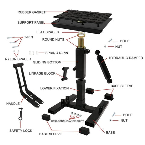 Heavy Duty Dirt Bike Stand Adjustable Jack Stand 1200 Lbs Capacity Engine Stand With Vertical Rise shown in parts labeled diagram
