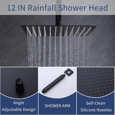 Shower Faucet Set, 12-Inch Rainfall Head, Handheld and Valve, Matte Black angle adjustable shower head water flow
