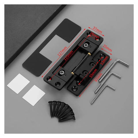 Invisible Concealed Hinge Set For Cabinets And Wardrobes Adjustable, showing dimensions, screws, and Allen wrenches.