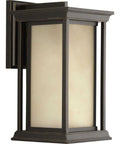 Endicott Collection 1-Light Outdoor Wall Lantern In Antique Bronze With Etched Umber Linen Glass Craftsman Style Medium Size