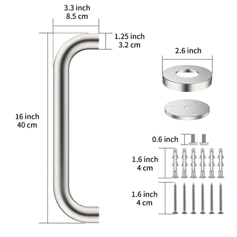 Dimensions and installation parts for 2 Pack 16 Inch Shower Grab Bars Matte Black Stainless Steel 1.25 Inch Diameter