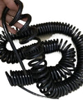 Built Damn Tough Coiled Extension Cord, Badass 3 Core Telescopic Cable with flexible coiled design held in hand.