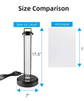 38W UV Light Sanitizer with Remote size comparison with A4 paper, showing 17.5 inch height and 7 inch base diameter.