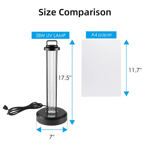 38W UV Light Sanitizer with Remote size comparison with A4 paper, showing 17.5 inch height and 7 inch base diameter.