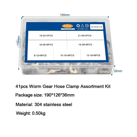 Top Notch 41 Piece Adjustable Worm Gear Hose Clamp Kit Made From Heavy Duty 304 Stainless Steel Perfect For Plumbing Automotive Tunes And Industrial Repairs This Solid Tool Set Handles Sizes From 8mm To 38mm And Lets You Tighten Or Loosen Any Fitting. 41-piece 304 stainless steel worm gear hose clamp kit in case, 8-38mm