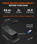 2A Fast Ebike Charger For 48V Lithium Batteries With 54 Point 6V Output, 3 Pin XLR Connector, fan cooled design