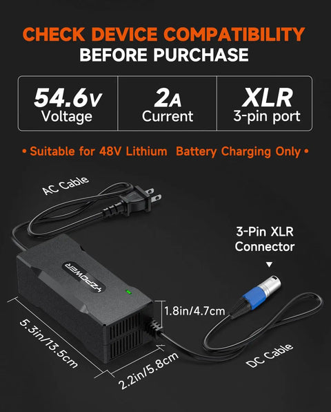 2A Fast Ebike Charger For 48V Lithium Batteries With 54 Point 6V Output, 3 Pin XLR Connector, fan cooled design