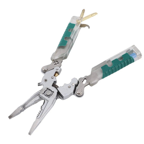 Heavy Hitter Multifunctional Wire Stripper With Crimper Cutter And Non Contact Voltage Tester shown with green grips and crimping feature.
